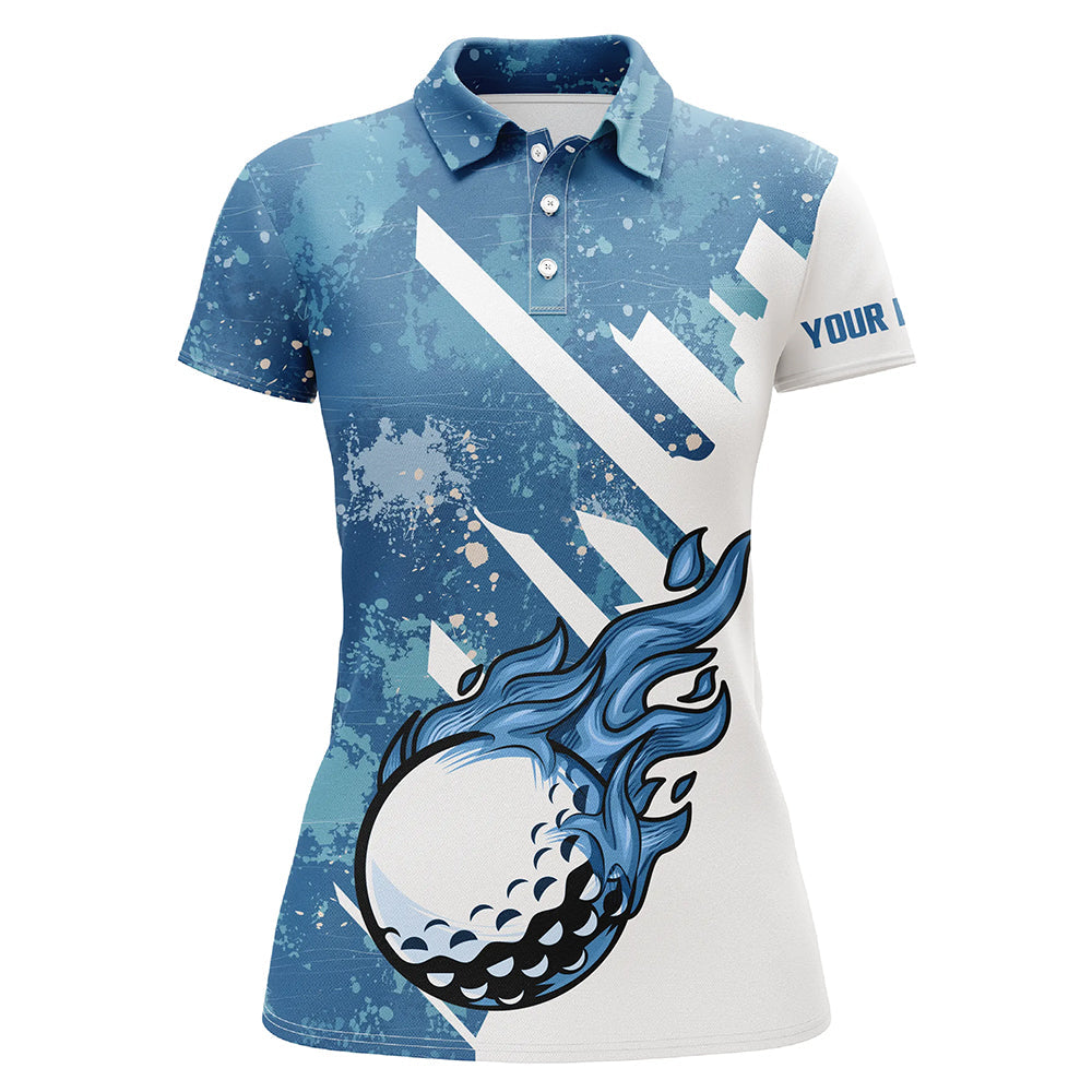Blue and White Golf Ball Flame Women's Golf Polo Shirt Custom Team Golf Shirt, Ladies Golf Clothing N7506