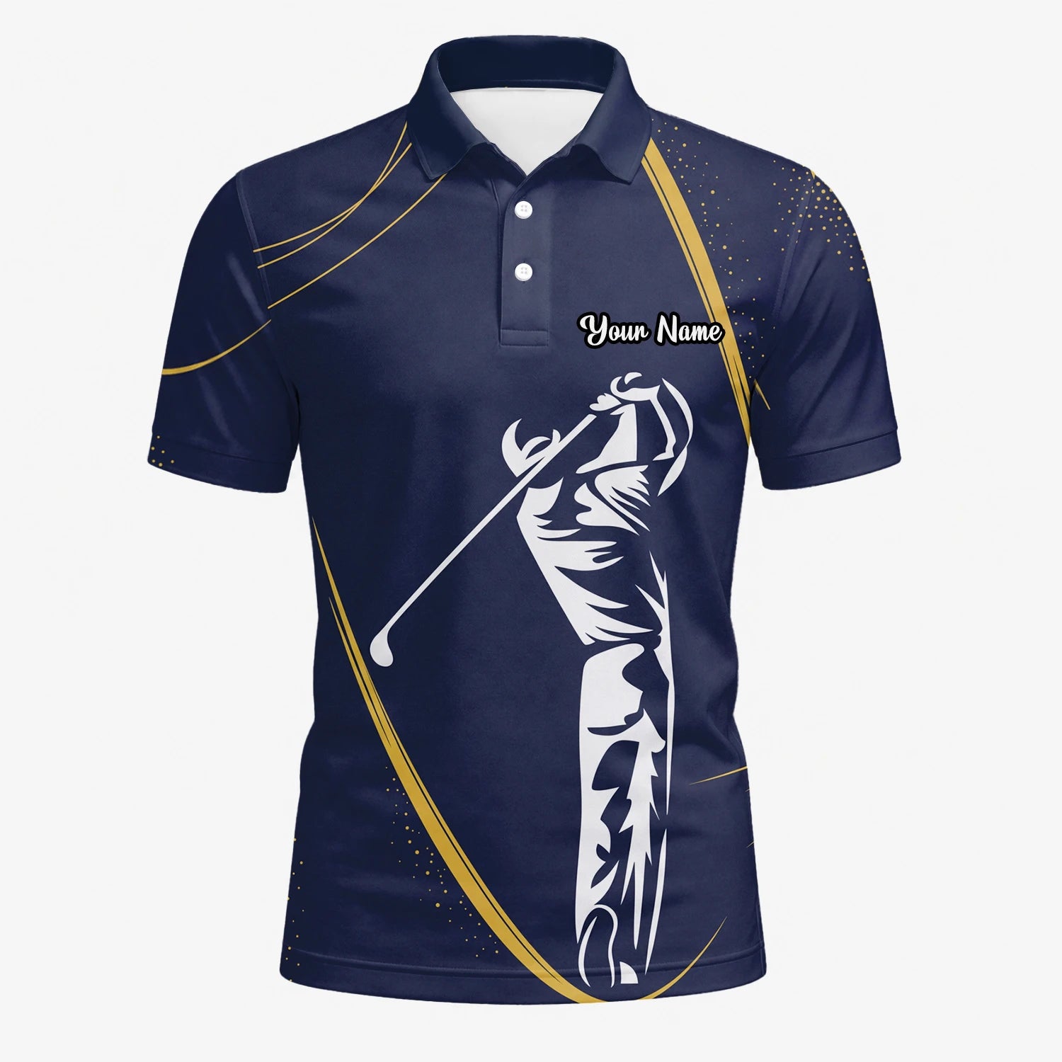 Personalised Navy Gold Golfer Swing Silhouette Golf Polo Shirt For Men A1639