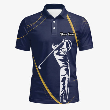 Personalised Navy Gold Golfer Swing Silhouette Golf Polo Shirt For Men A1639