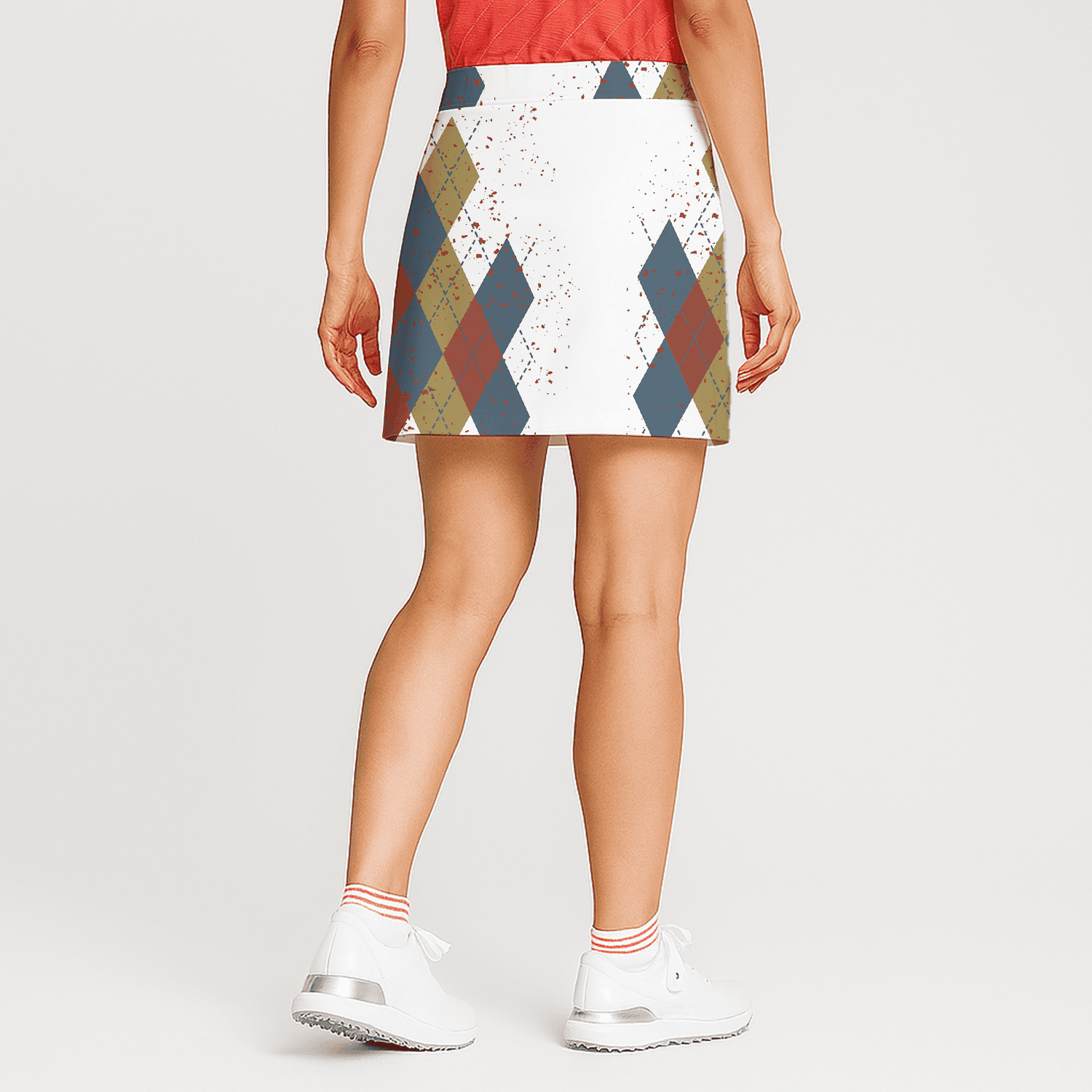 Personalized Women's White Distressed Argyle Blue Khaki Red Golf Skort U3648 additional image 1