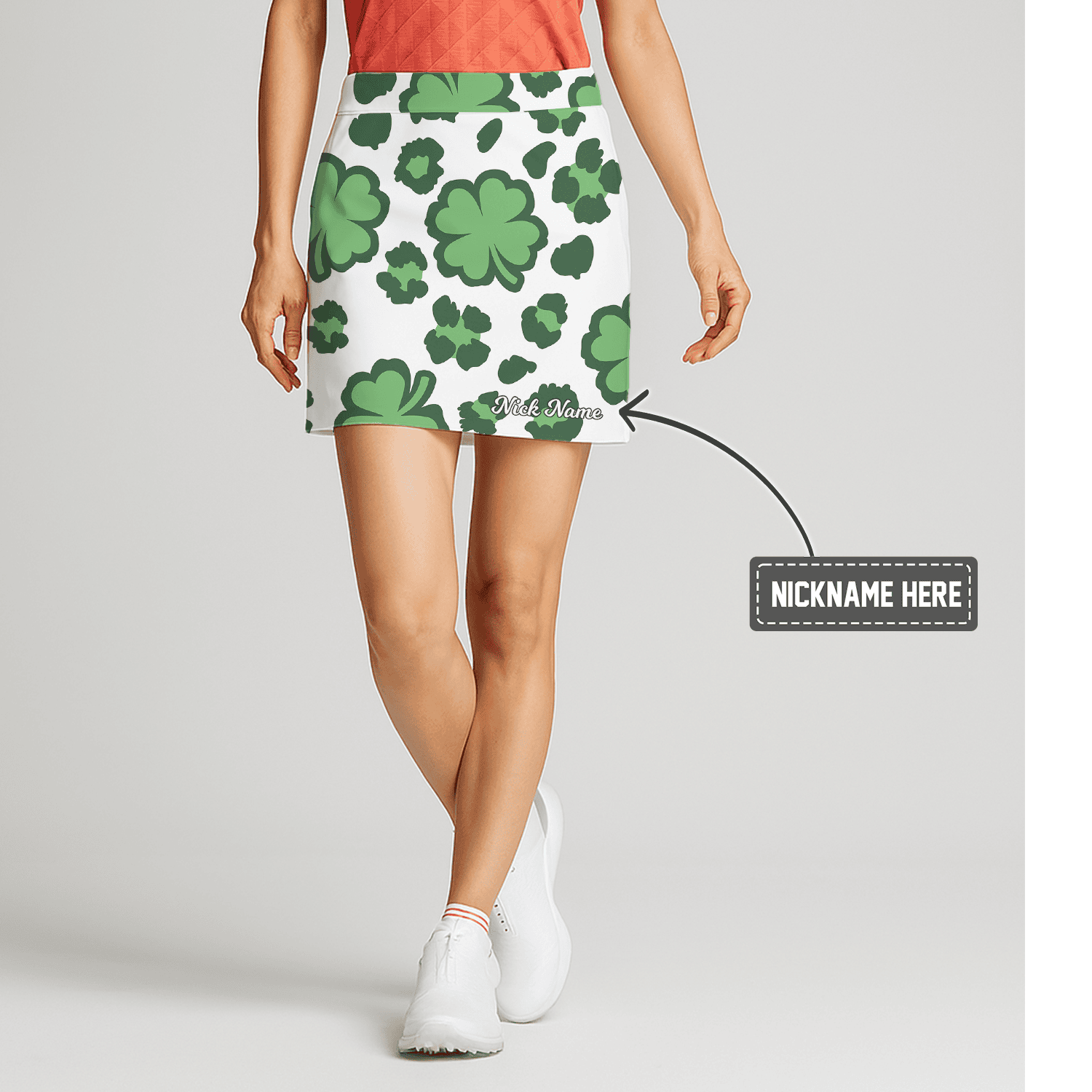 Personalized Women's Green & White Shamrock Print Athletic Golf Skort A4364 main image - S