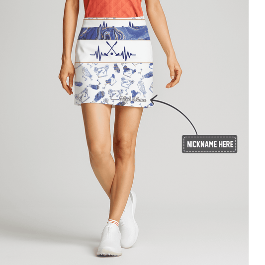 Personalized Women's Athletic Golf Skort  White & Blue Marble & Golf Club Heartbeat Print R5306 main image - S