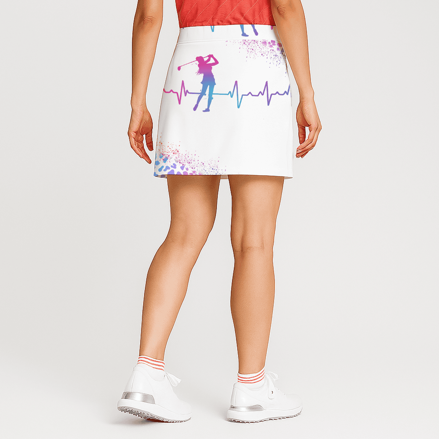 Custom Name Women's White Golf Skort  Vibrant Golfer Heartbeat & Splatter Design Z2350 additional image 1