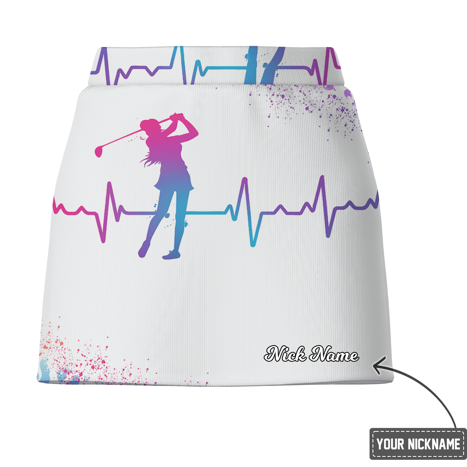 Custom Name Women's White Golf Skort  Vibrant Golfer Heartbeat & Splatter Design Z2350 additional image 2