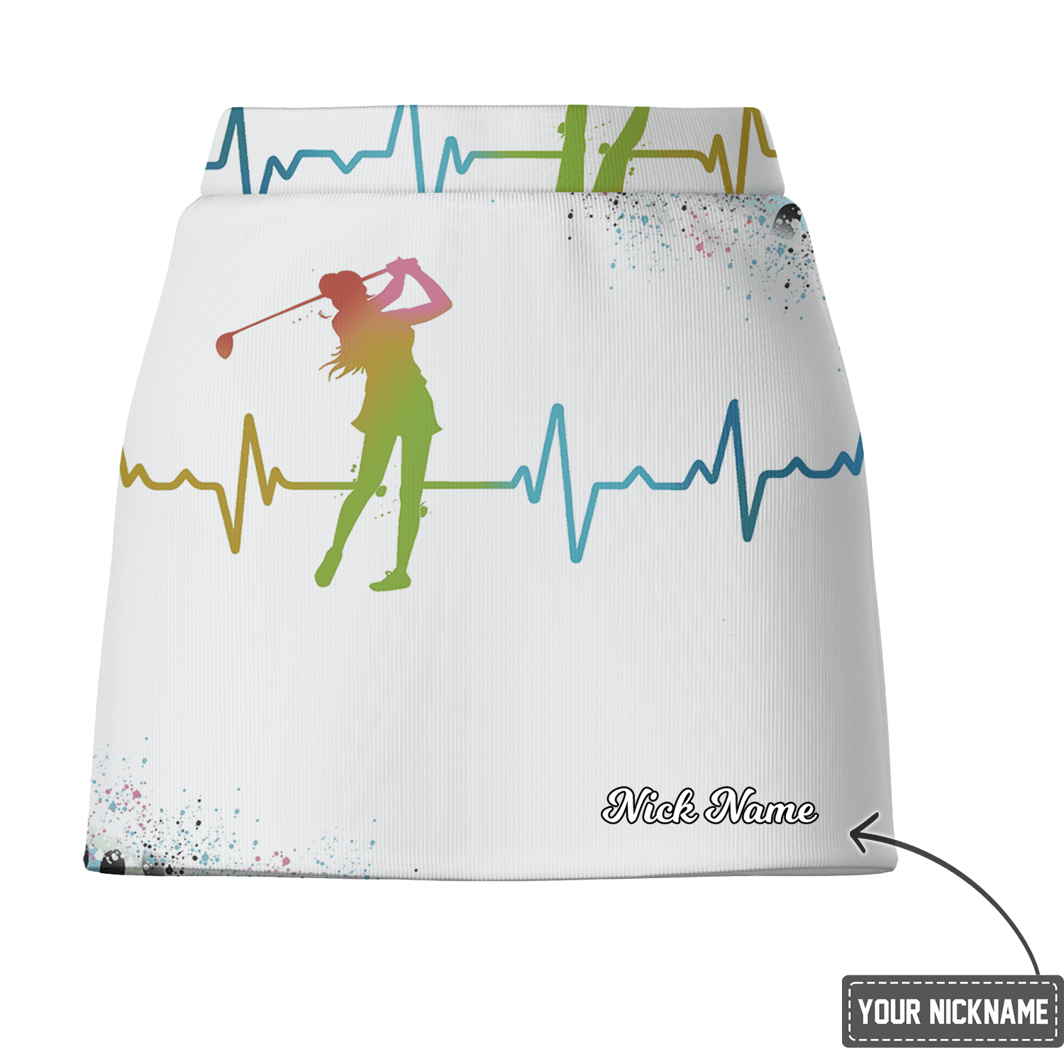 Personalized White Women's Golf Skort, Rainbow Golfer Heartbeat Print R3193 additional image 2