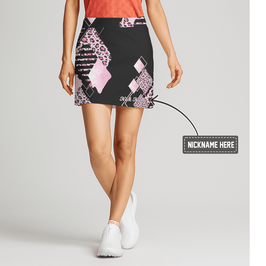 Personalized Black Pink Diamond Leopard Print Women's Golf Skort C8197 main image - S