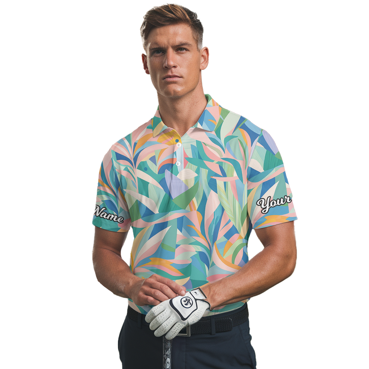 Personalized Golf Polo for Men Abstract Leaf Pattern Pastel Multi-Color Y6464 additional image 2