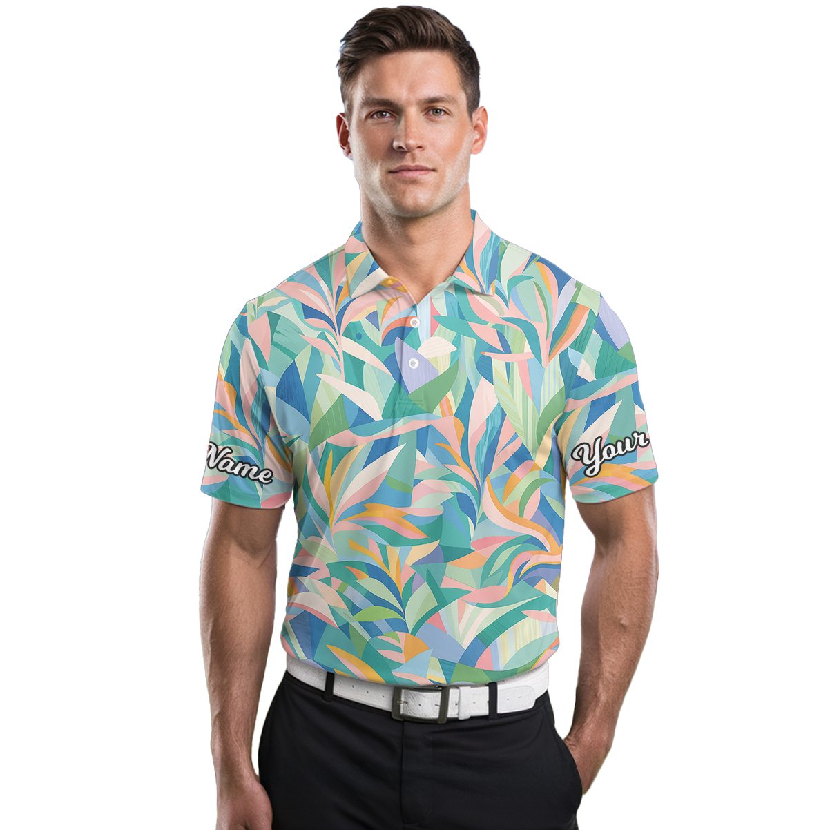 Personalized Golf Polo for Men Abstract Leaf Pattern Pastel Multi-Color Y6464 additional image 3
