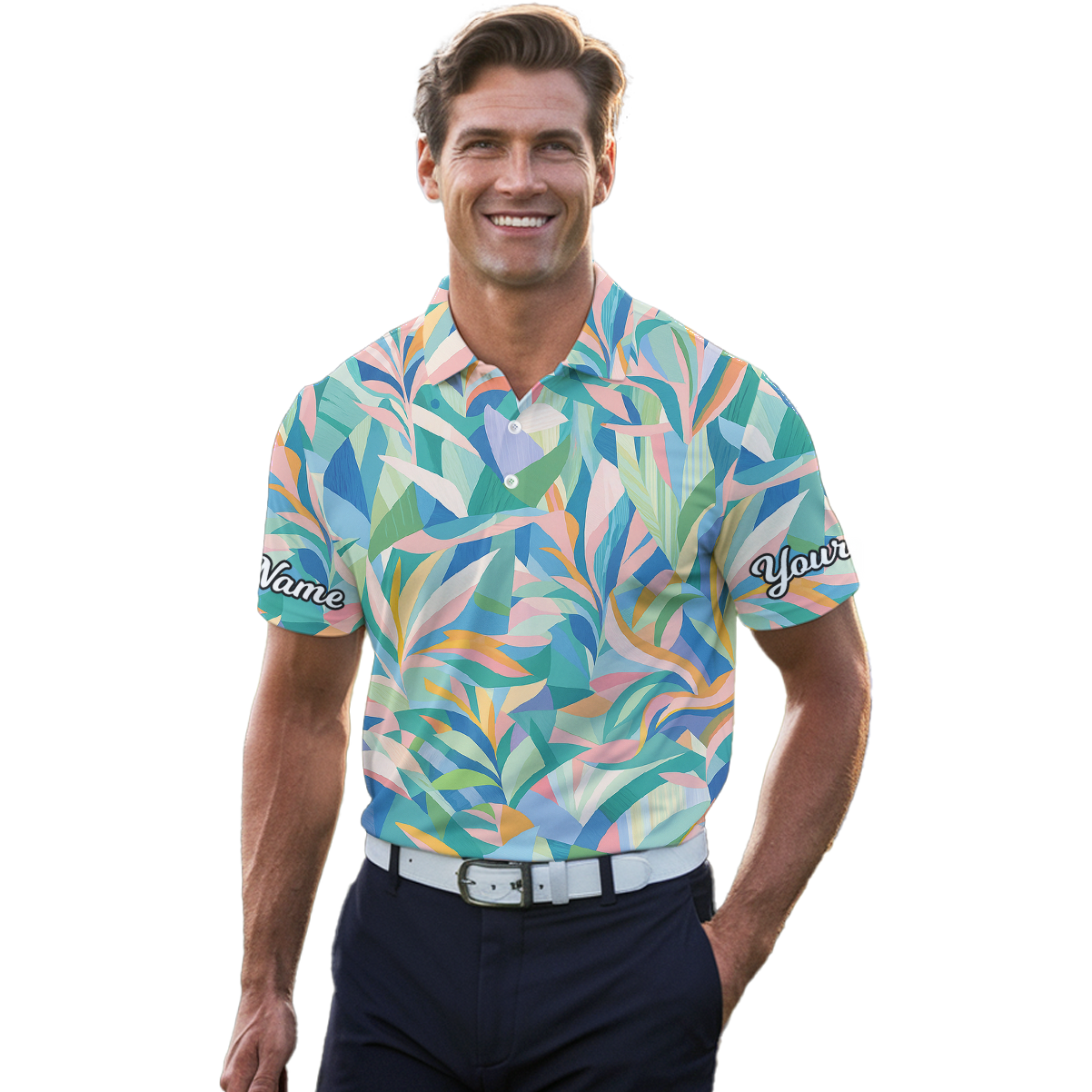 Personalized Golf Polo for Men Abstract Leaf Pattern Pastel Multi-Color Y6464 additional image 4
