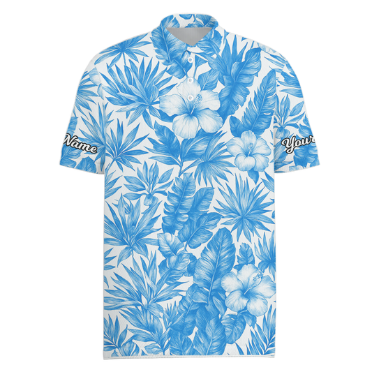 Personalized Blue White Tropical Hibiscus Golf Polo Shirt for Men N7660 main image - Men Polo S