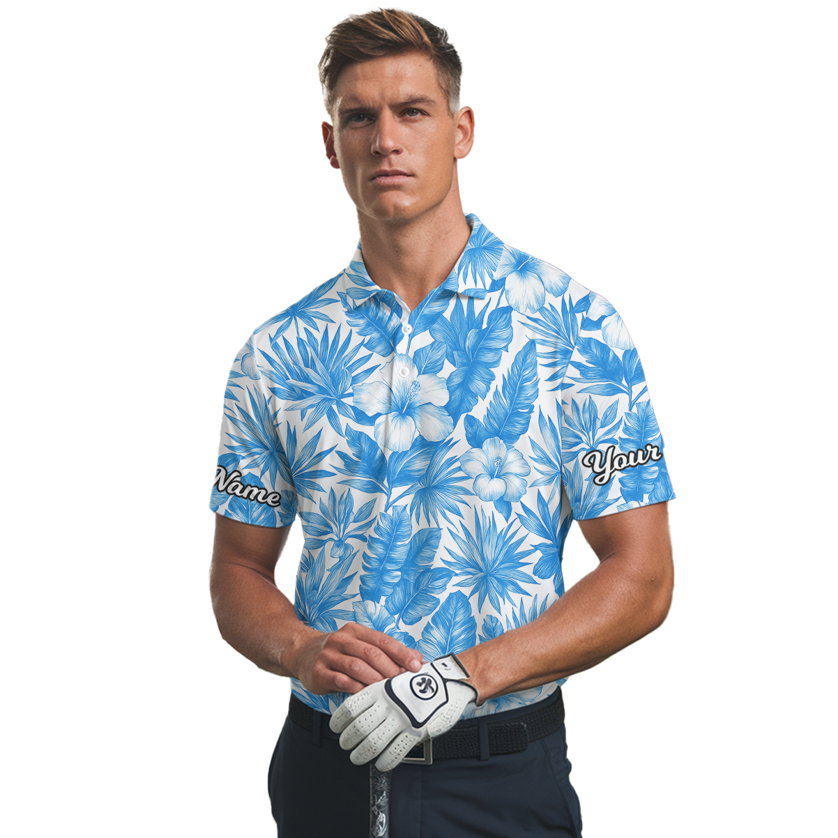 Personalized Blue White Tropical Hibiscus Golf Polo Shirt for Men N7660 additional image 2