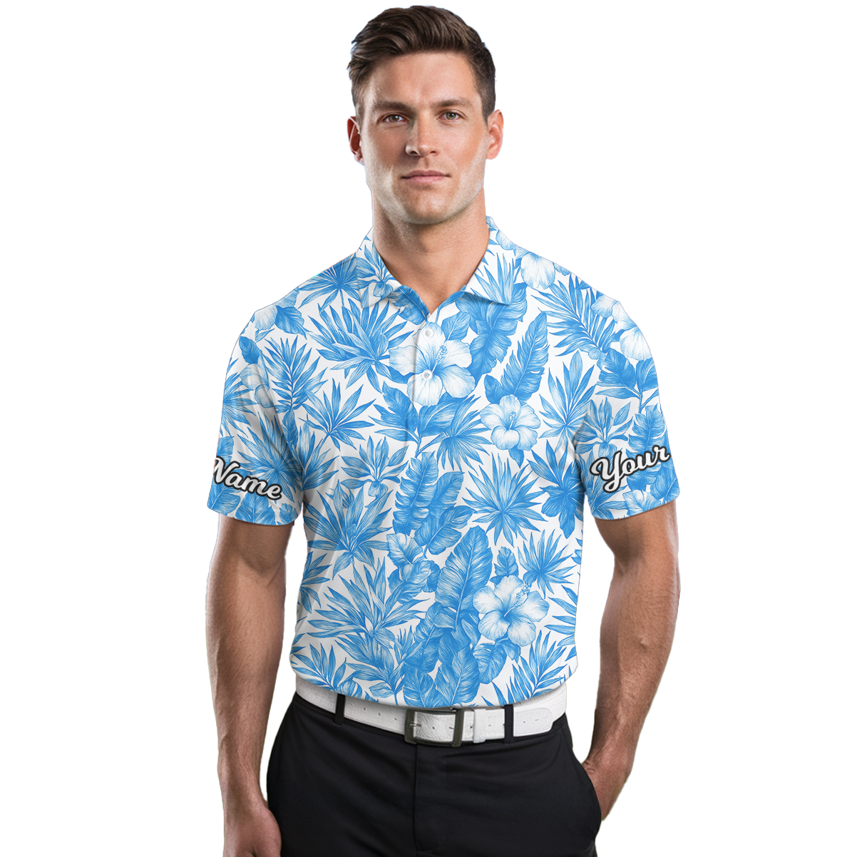 Personalized Blue White Tropical Hibiscus Golf Polo Shirt for Men N7660 additional image 3