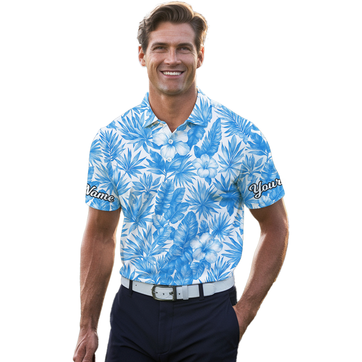 Personalized Blue White Tropical Hibiscus Golf Polo Shirt for Men N7660 additional image 4