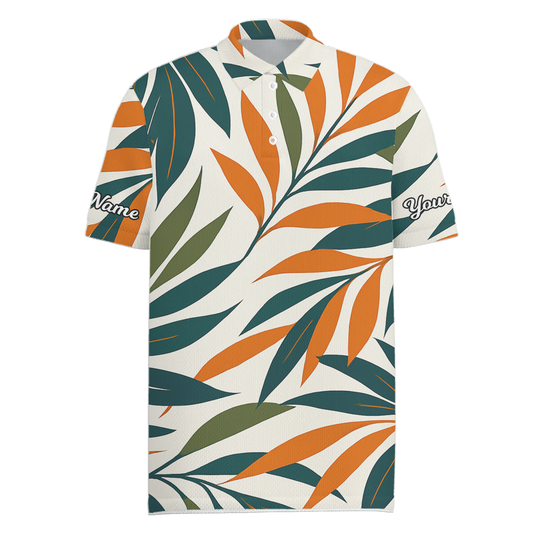 Personalized Men's Tropical Leaf Golf Polo Shirt Orange Teal Green Z7285 main image - Men Polo S