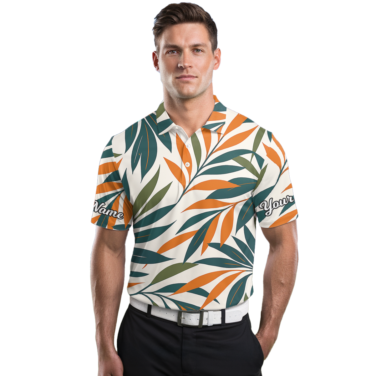 Personalized Men's Tropical Leaf Golf Polo Shirt Orange Teal Green Z7285 additional image 3