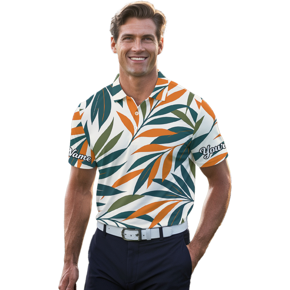 Personalized Men's Tropical Leaf Golf Polo Shirt Orange Teal Green Z7285 additional image 4