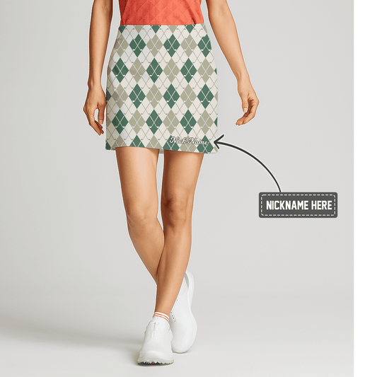 Personalized Women's Green & Cream Argyle Golf Skort, Golf Clubs Pattern J2074 main image - S