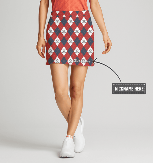 Personalized Red Navy Argyle Skull & Crossed Clubs Women's Golf Skort Y4706 main image - S