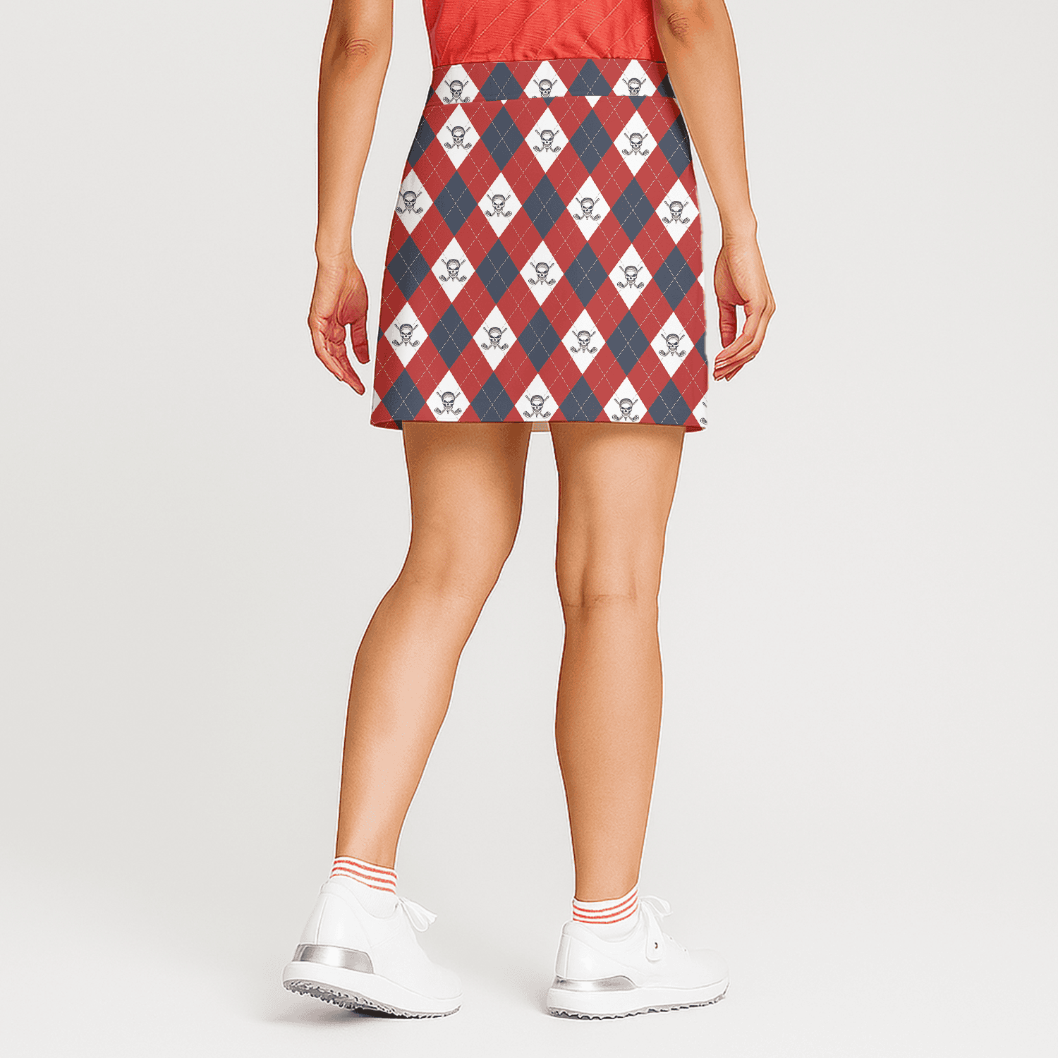 Personalized Red Navy Argyle Skull & Crossed Clubs Women's Golf Skort Y4706 additional image 1
