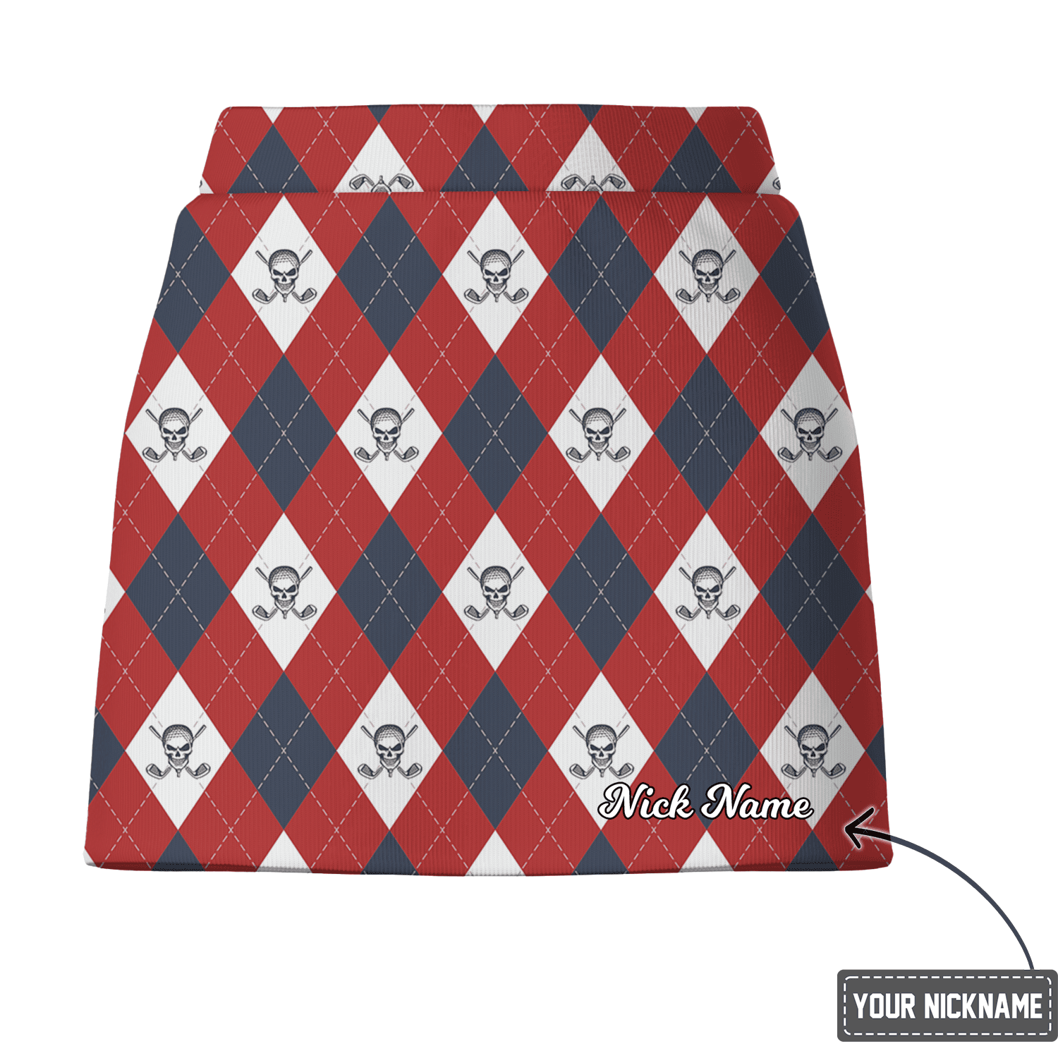 Personalized Red Navy Argyle Skull & Crossed Clubs Women's Golf Skort Y4706 additional image 2
