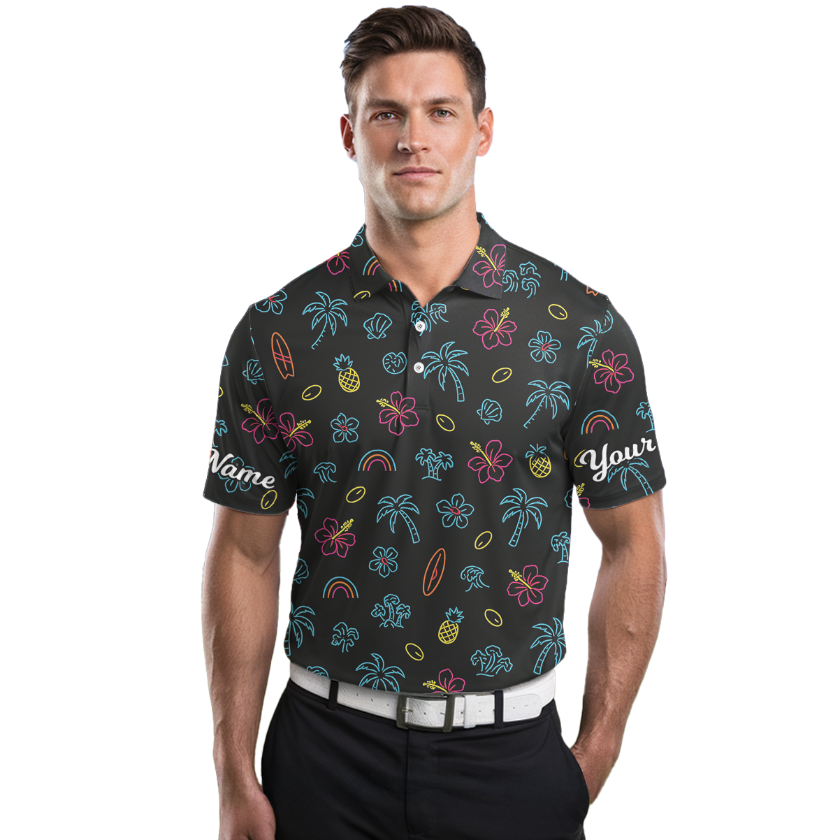 Personalized Golf Polo Shirt for Men Custom Name Black Neon Tropical Print C5551 additional image 3