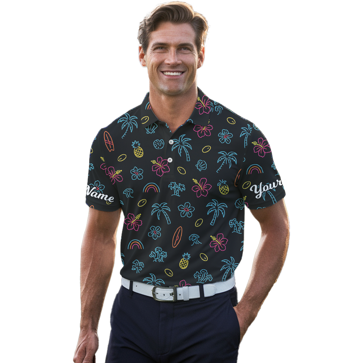 Personalized Golf Polo Shirt for Men Custom Name Black Neon Tropical Print C5551 additional image 4