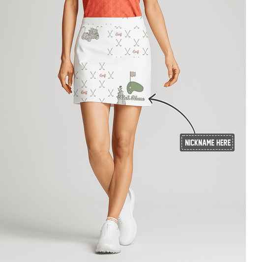 Personalized White Women's Golf Skort with Illustrated Golf Clubs & Cart Pattern F3263 main image - S