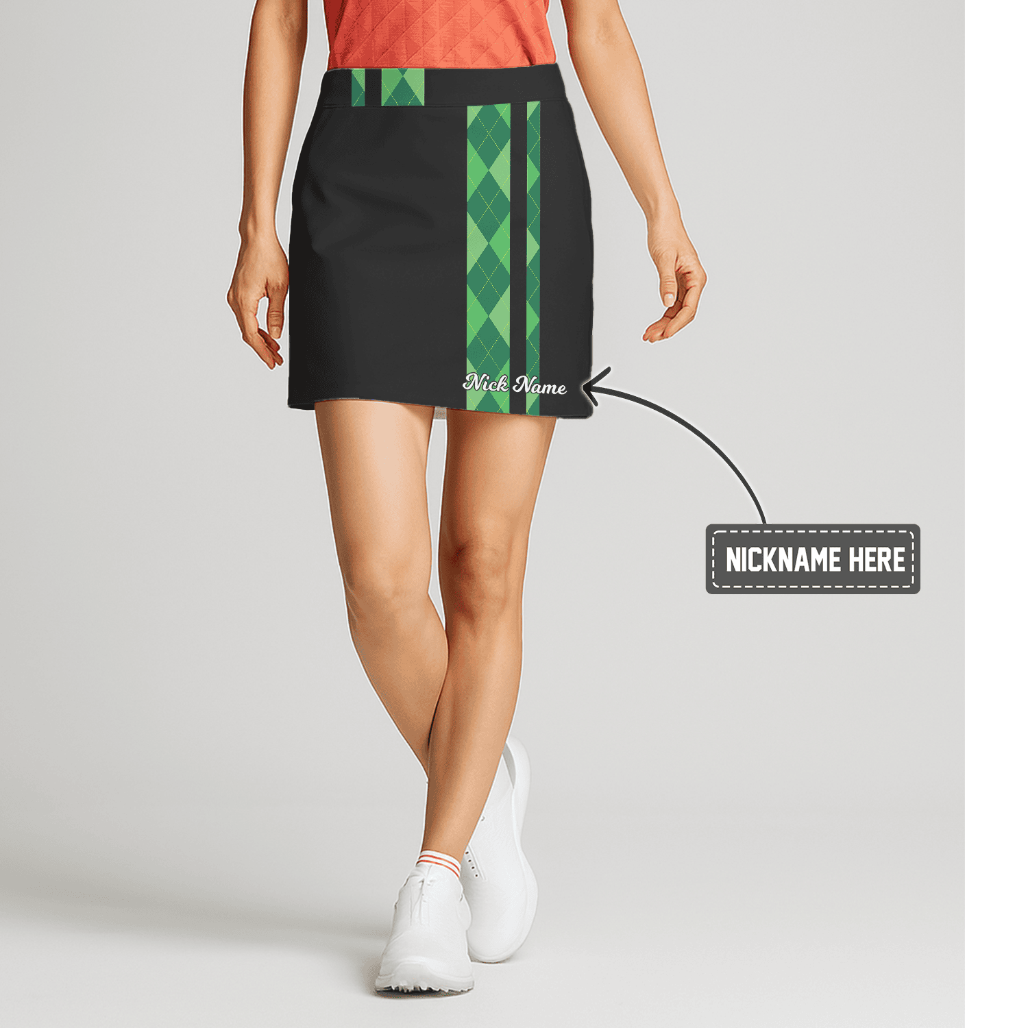 Personalized Women's Black & Green Argyle Side Stripe Golf Skort G5449 main image - S