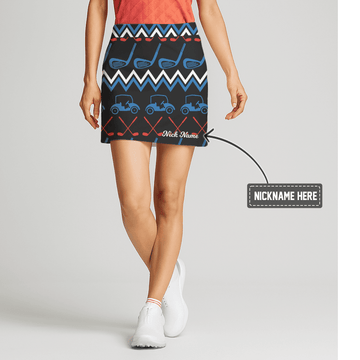 Personalized Black Golf Cart & Club Pattern Women's Golf Skort with Chevron Stripes G3435 main image - S