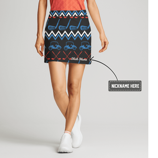 Personalized Black Golf Cart & Club Pattern Women's Golf Skort with Chevron Stripes G3435 main image - S