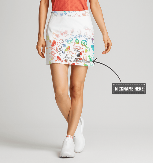 Personalized White Rainbow Whimsical Golf Print Women's Athletic Golf Skort Q1723 main image - S