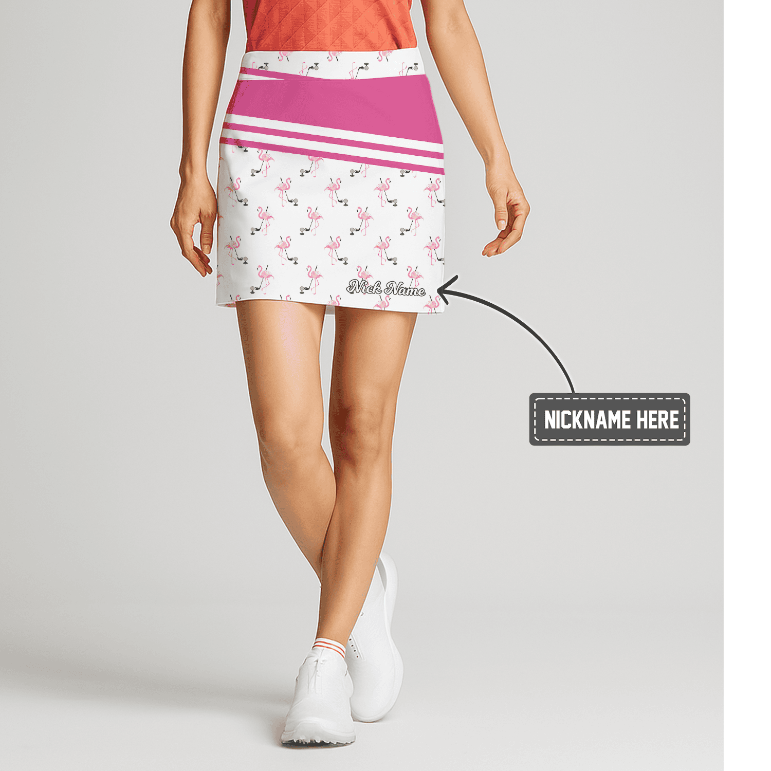 Personalized White & Pink Flamingo Print Women's Golf Skort  Hot Pink Band & Stripes G6741 main image - S