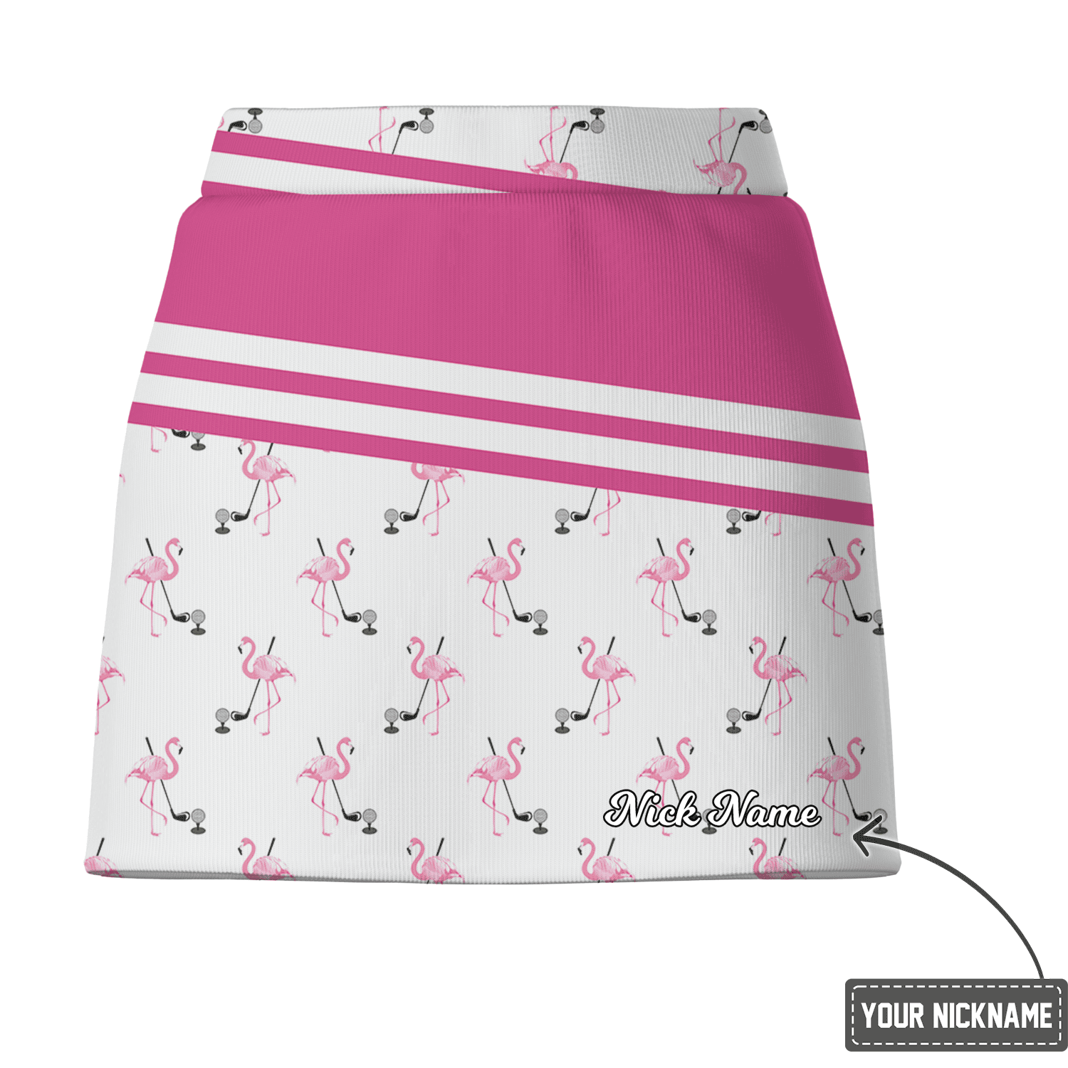 Personalized White & Pink Flamingo Print Women's Golf Skort  Hot Pink Band & Stripes G6741 additional image 2