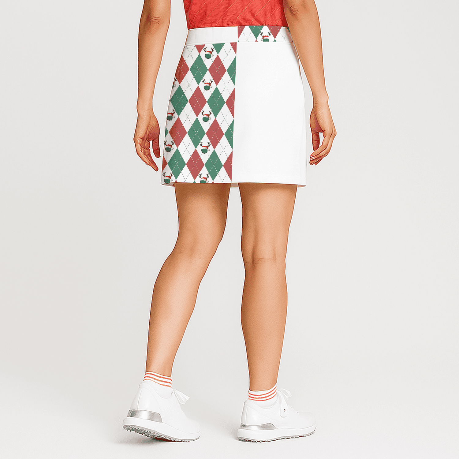 Personalized Women's Asymmetrical Red Green Reindeer Argyle Golf Skort E6067 additional image 1