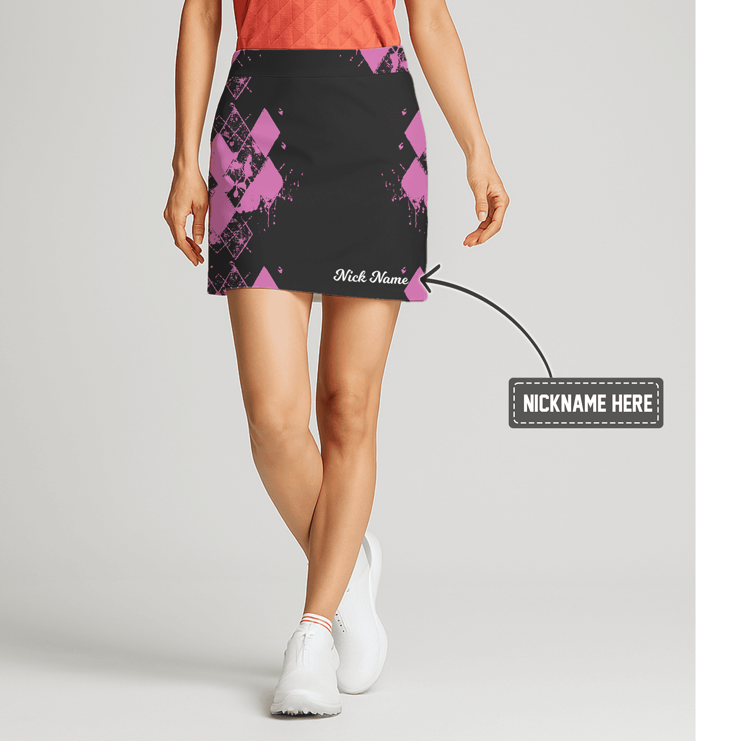 Personalized Black Pink Distressed Argyle Women's Golf Skort T8475 main image - S