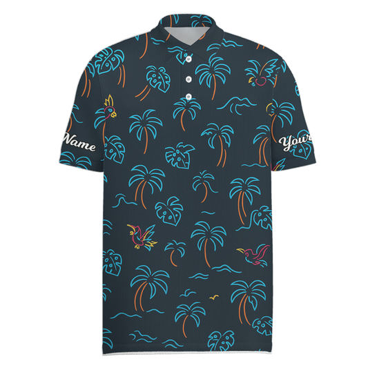 Personalized Golf Polo for Men, Neon Tropical Beach Palm Tree Bird Print Z7220 main image - Men Polo S
