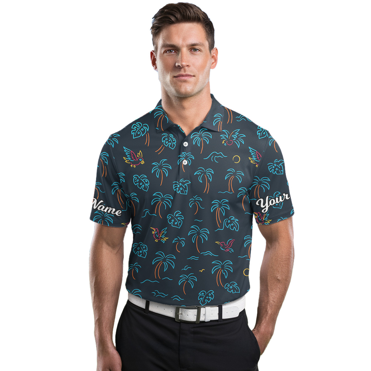 Personalized Golf Polo for Men, Neon Tropical Beach Palm Tree Bird Print Z7220 additional image 3