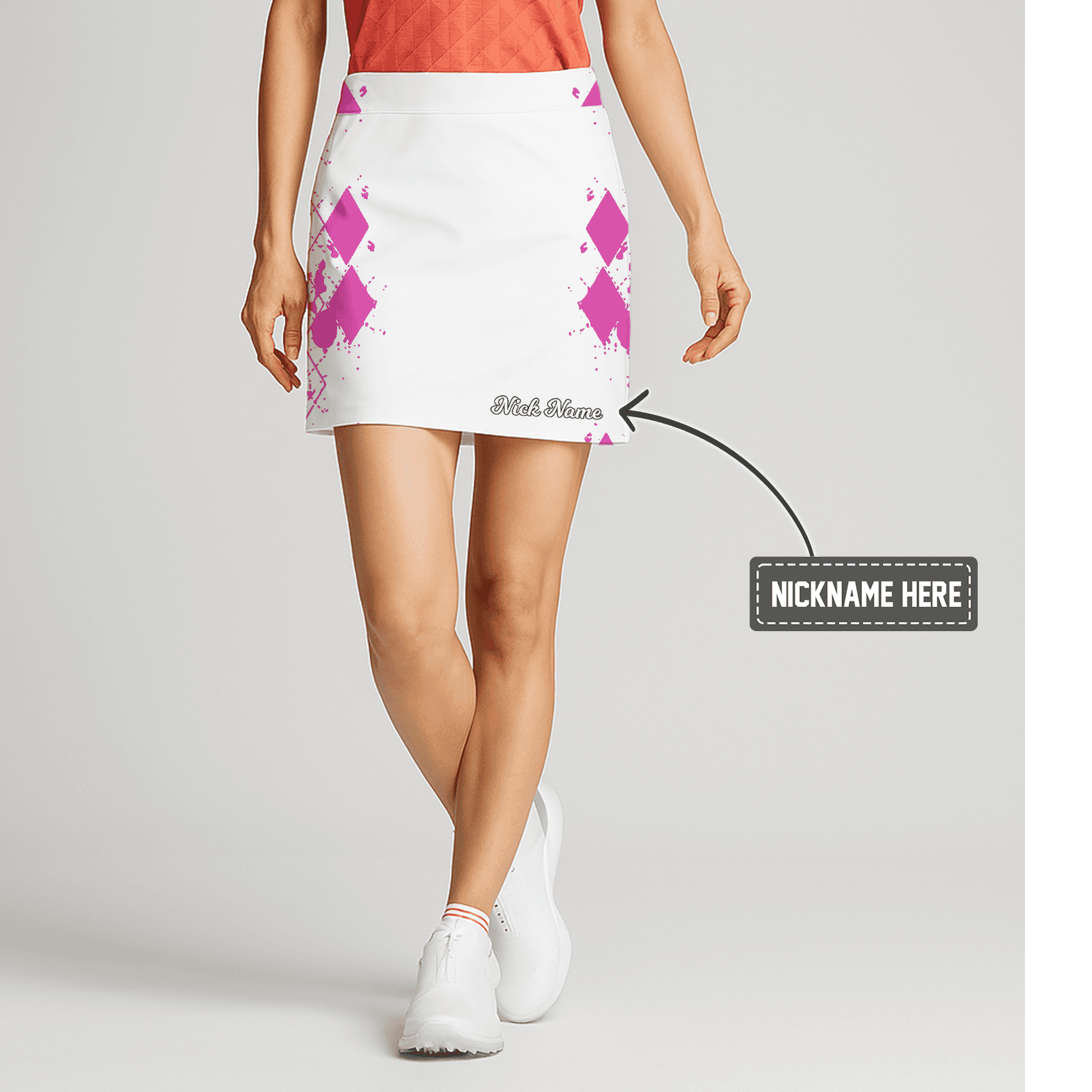 Personalized White Fuchsia Paint Splatter Rhombus Women's Golf Skort B9452 main image - S
