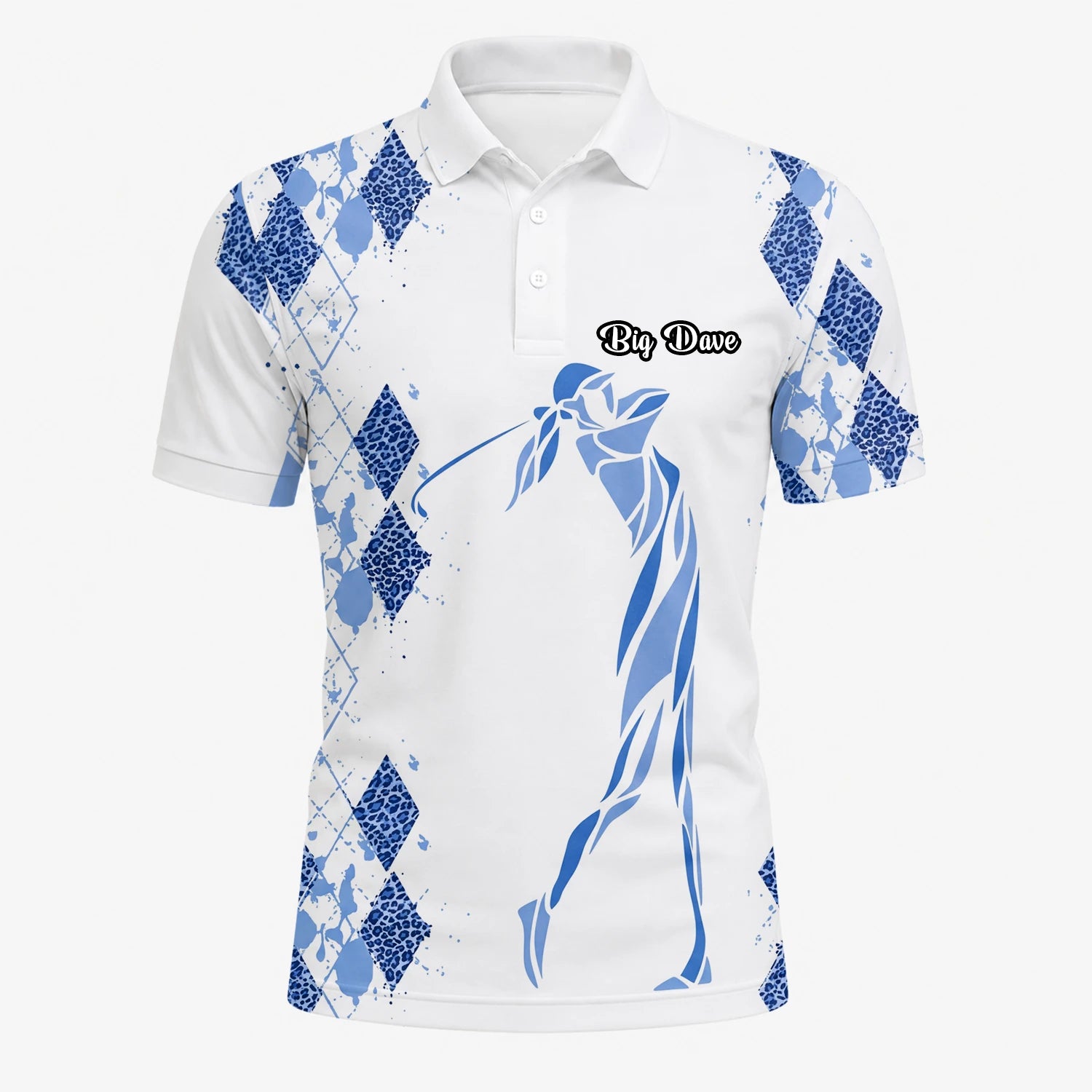 Personalised White Blue Argyle Golfer Silhouette Golf Polo Shirt For Men M6672
