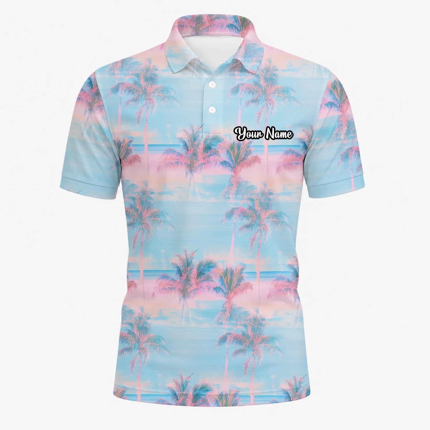 Personalised Pastel Blue Pink Palm Sunset Golf Polo Shirt For Men G4431