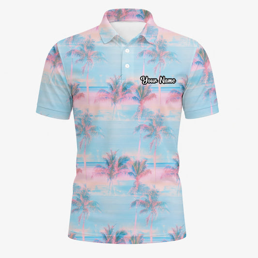 Personalised Pastel Blue Pink Palm Sunset Golf Polo Shirt For Men G4431