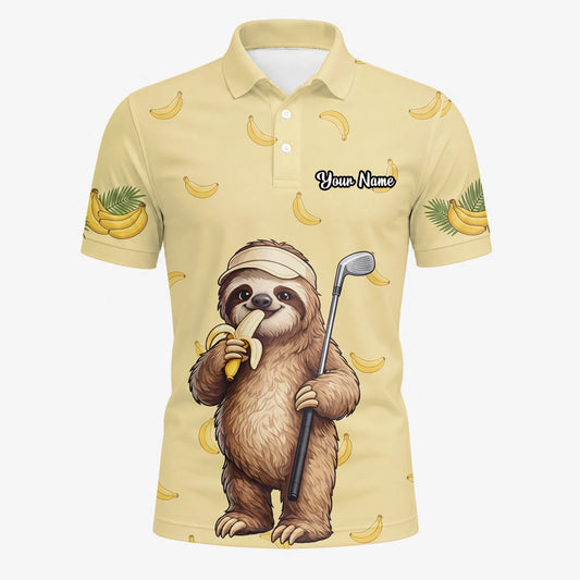 Personalised Pale Yellow Sloth Banana Golfer Cartoon Golf Polo Shirt For Men G3327