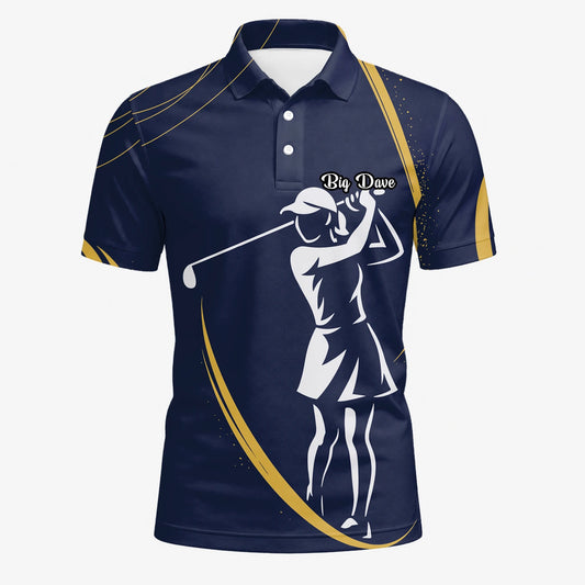 Personalised Navy Gold Golfer Silhouette Golf Polo Shirt For Men K0906