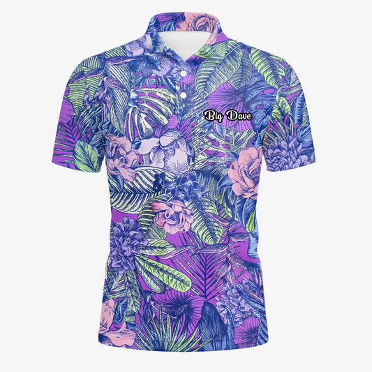 Personalised Purple Blue Tropical Floral Leaf Golf Polo Shirt For Men B8037