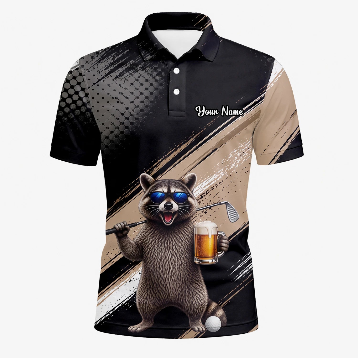 Personalised Black Beige Raccoon Beer Golfer Cartoon Golf Polo Shirt For Men K7921