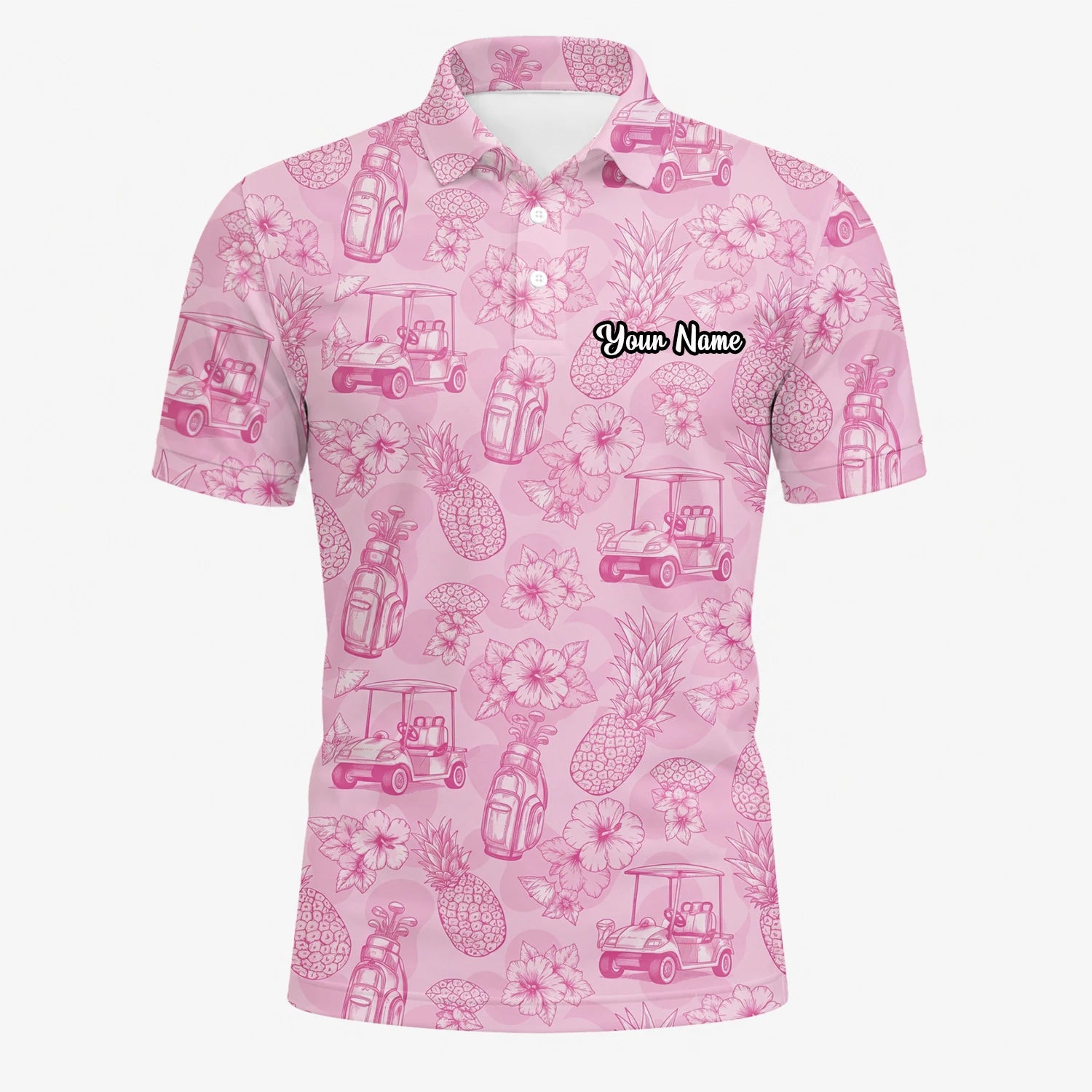 Personalised Pink Golf Cart Floral Toile Golf Polo Shirt For Men T8127