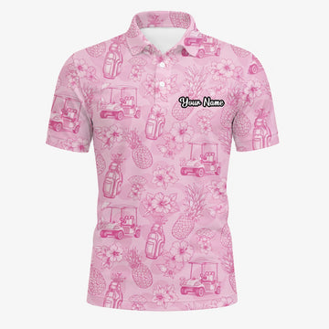 Personalised Pink Golf Cart Floral Toile Golf Polo Shirt For Men T8127