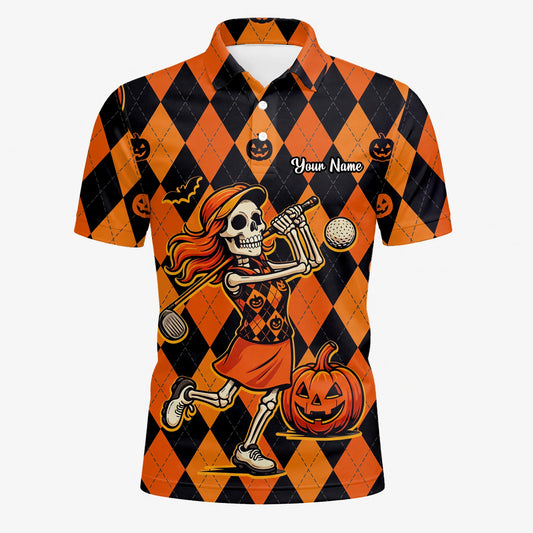 Personalised Orange Black Halloween Skeleton Golfer Pumpkin Argyle Golf Polo Shirt For Men Z9562