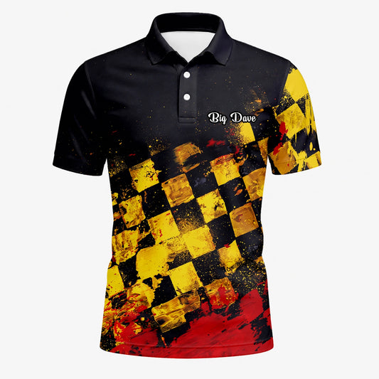 Personalised Black Yellow Red Grunge Checkerboard Golf Polo Shirt For Men R0396