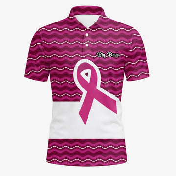 Personalised Pink Breast Cancer Awareness Ribbon Wave Golf Polo Shirt For Men B1640